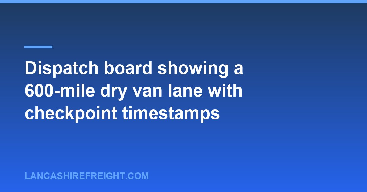 Dispatch board showing a 600-mile dry van lane with checkpoint timestamps